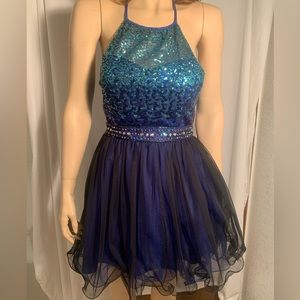 WOMENS SIZE 5 MASQUERADE FORMAL PROM BLUE SEQUIN BEADED RHINESTONE MINI DRESS